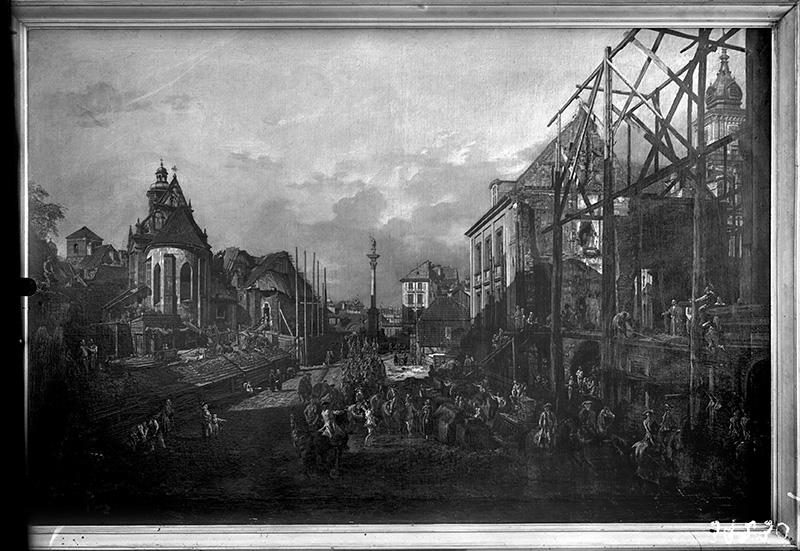 Bernardo Bellotto, zw. Canaletto, „Król Stanisław August ogląda Zamek Warszawski po pożarze w roku 1765”, ok. 1765, fot. www.kolekcje.mkidn.gov.pl